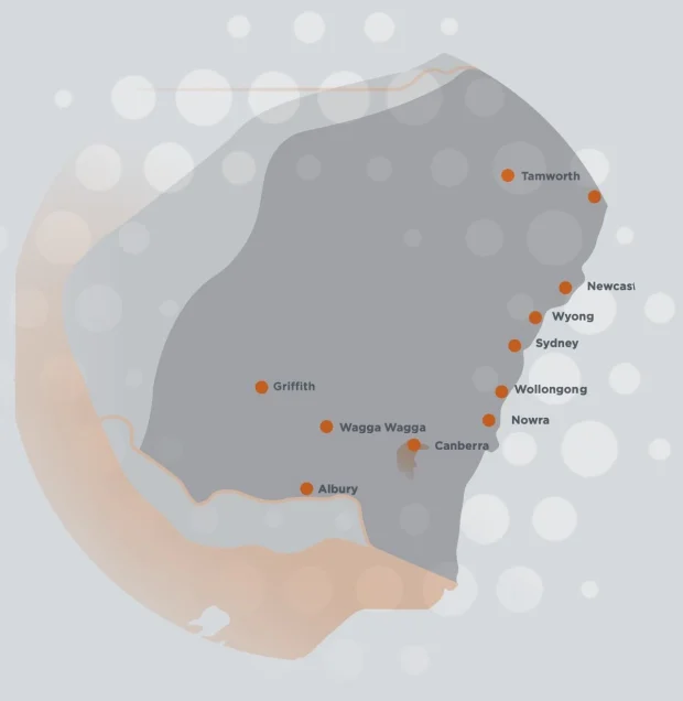 Map of New South Wales and the ACT showing Rehab Co office locations